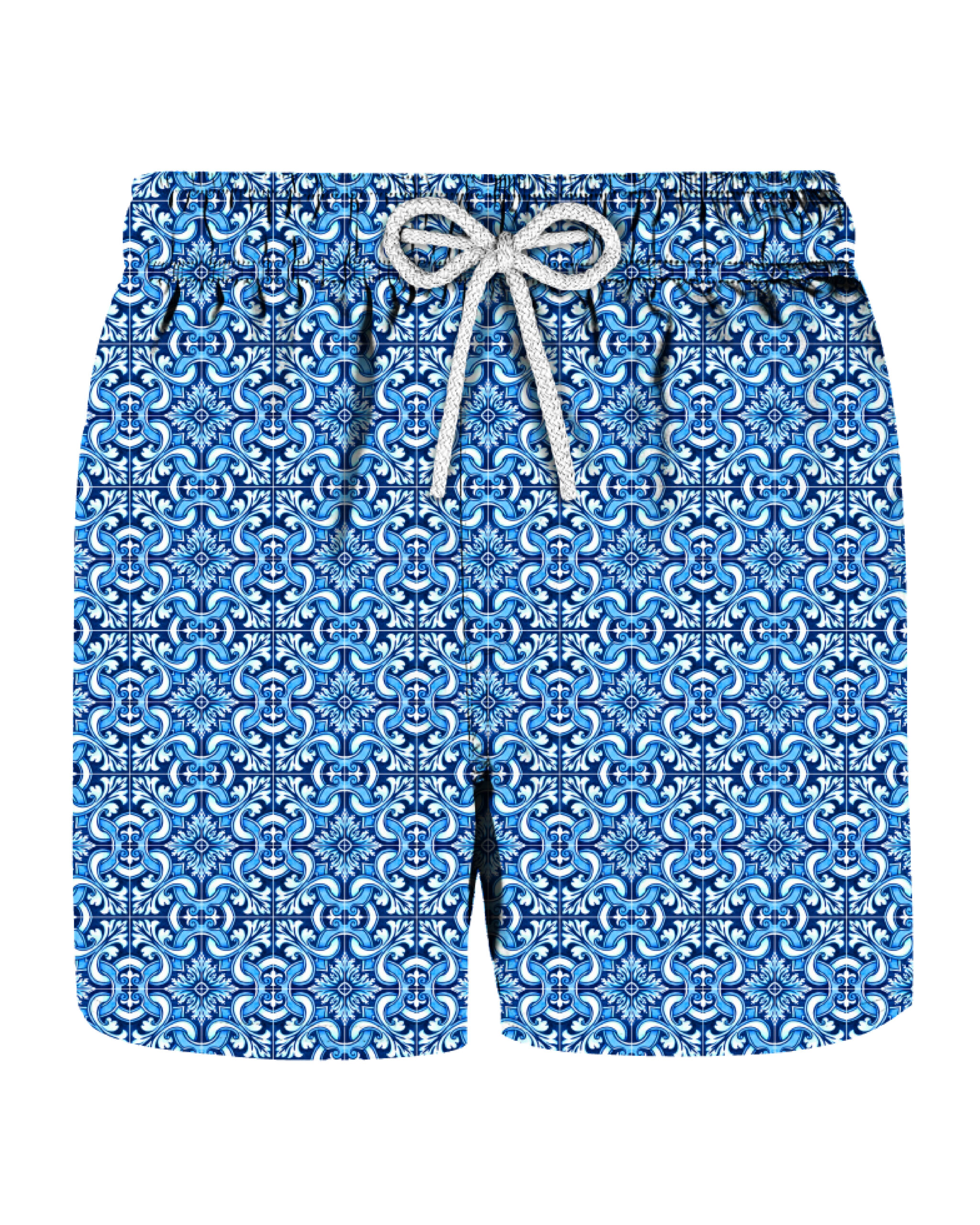 Costume bianco e blu con fantasia maiolica