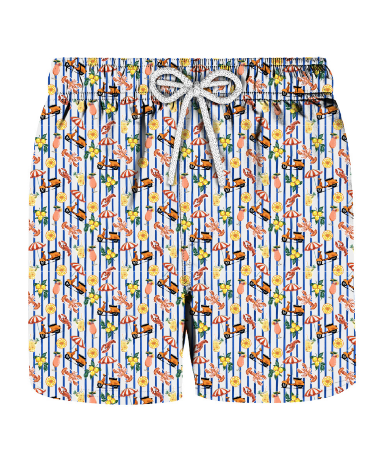 White and blue costume with lobsters and spritz