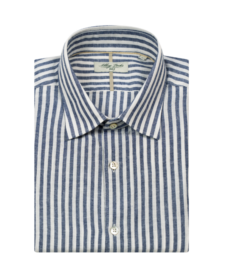 Camicia in Cotone e Lino a Righe Blu e Bianche