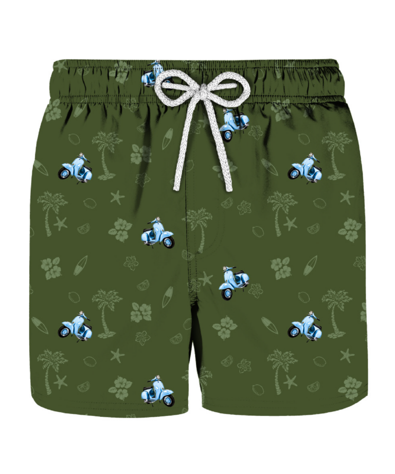 Green costume with wasps and marine motifs tone on tone