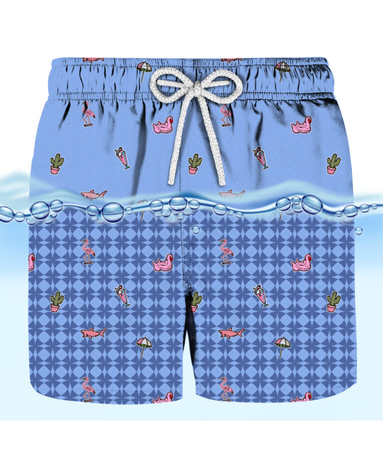 Reactive water costume with flamingos