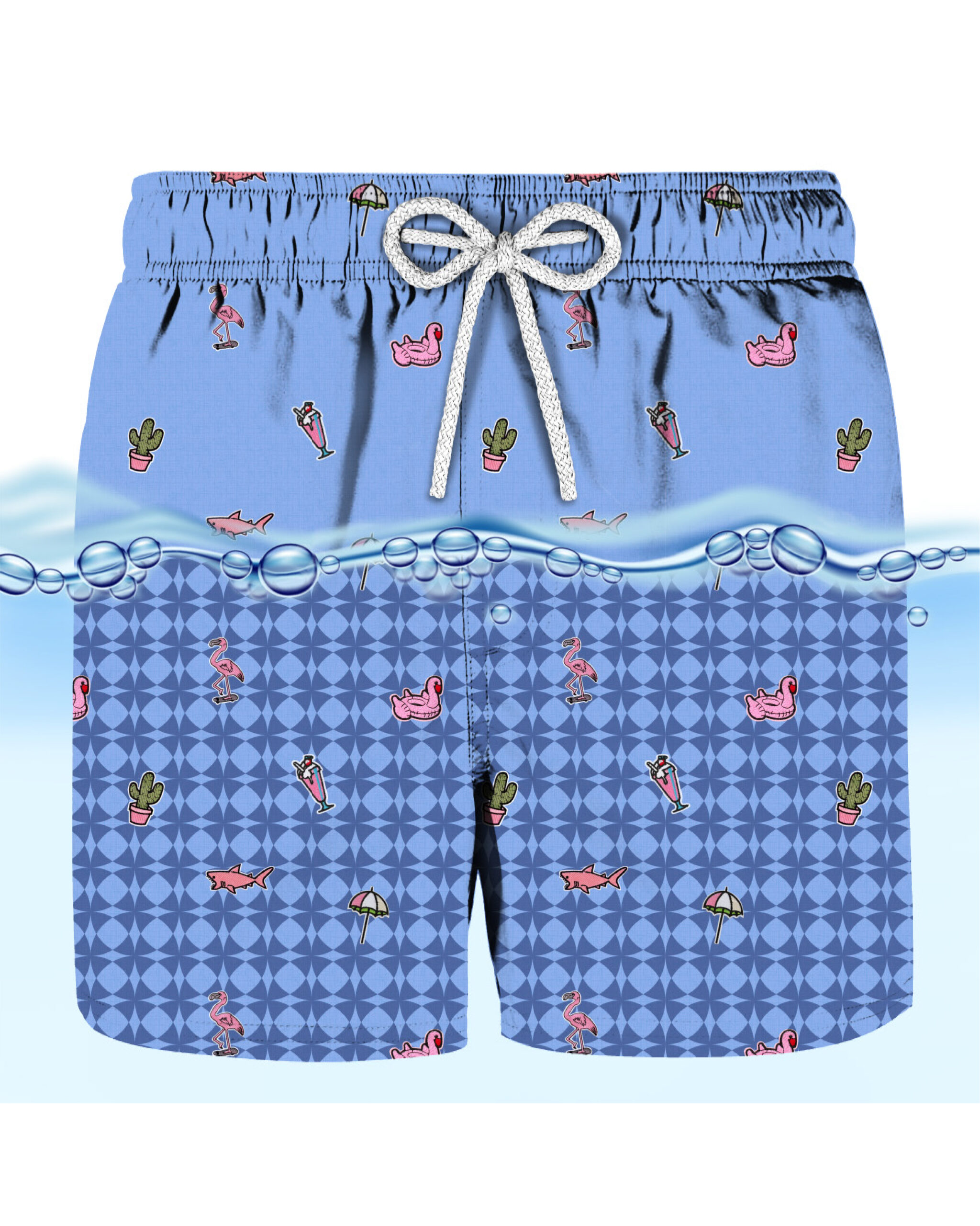 Reactive water costume with flamingos