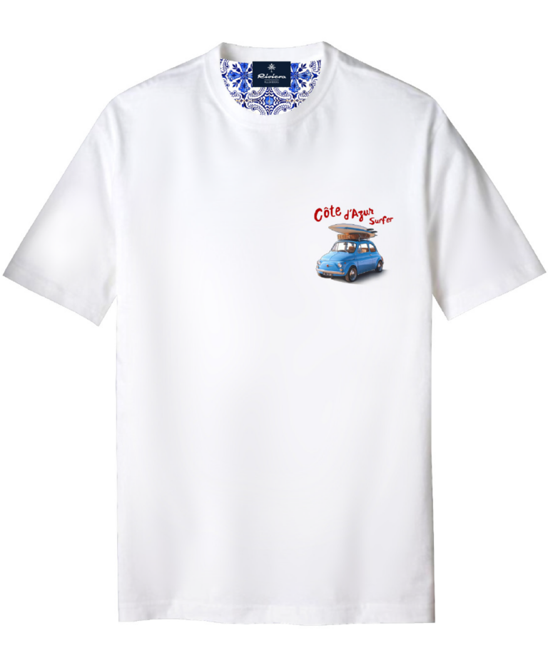 Optical white T-shirt with "Côte d'azur surfer" print