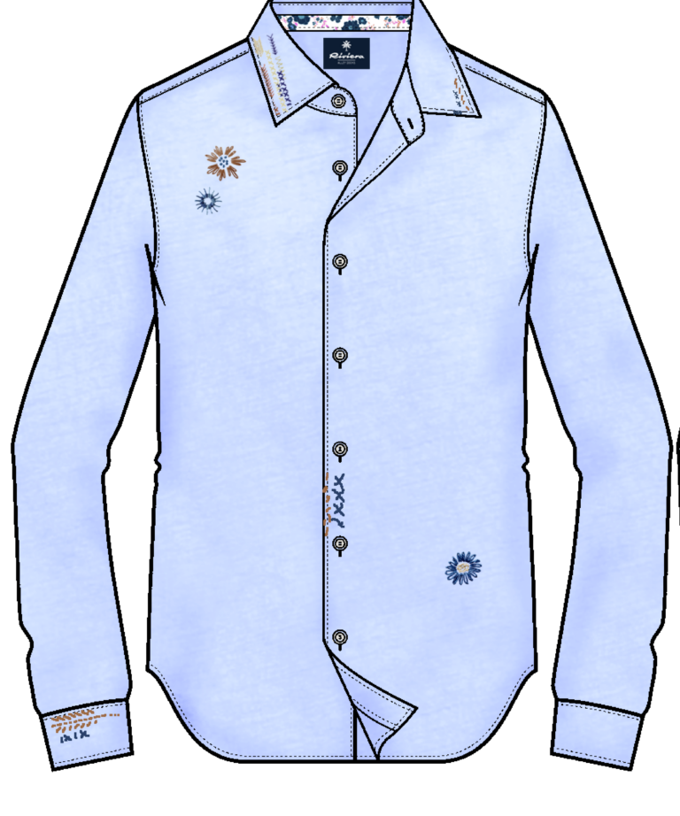 Camicia estiva in lino azzurro con ricami decorativi