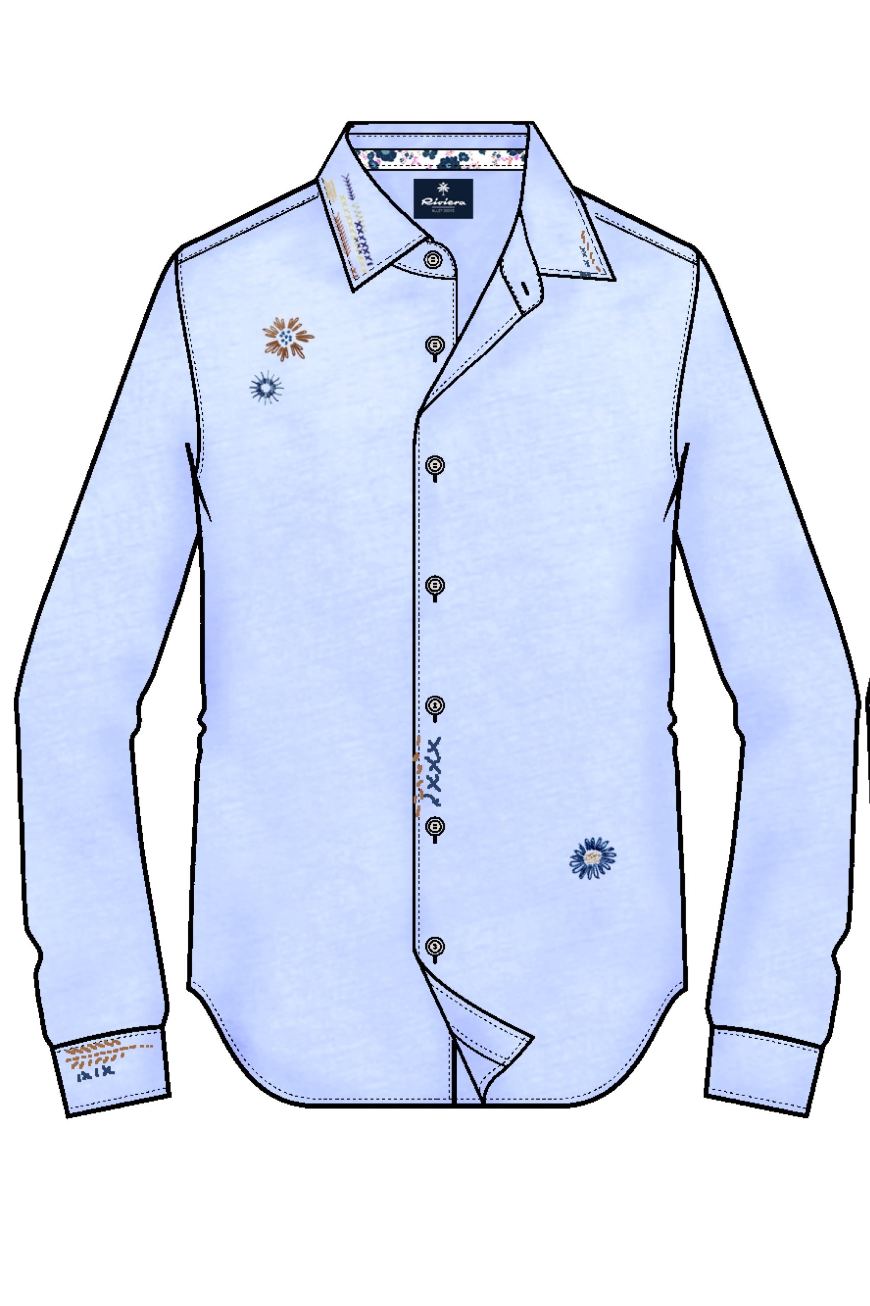 Camicia estiva in lino azzurro con ricami decorativi