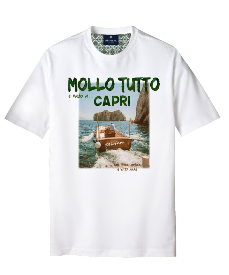 T-shirt optical white con stampa "Mollo tutto e vado a Capri"