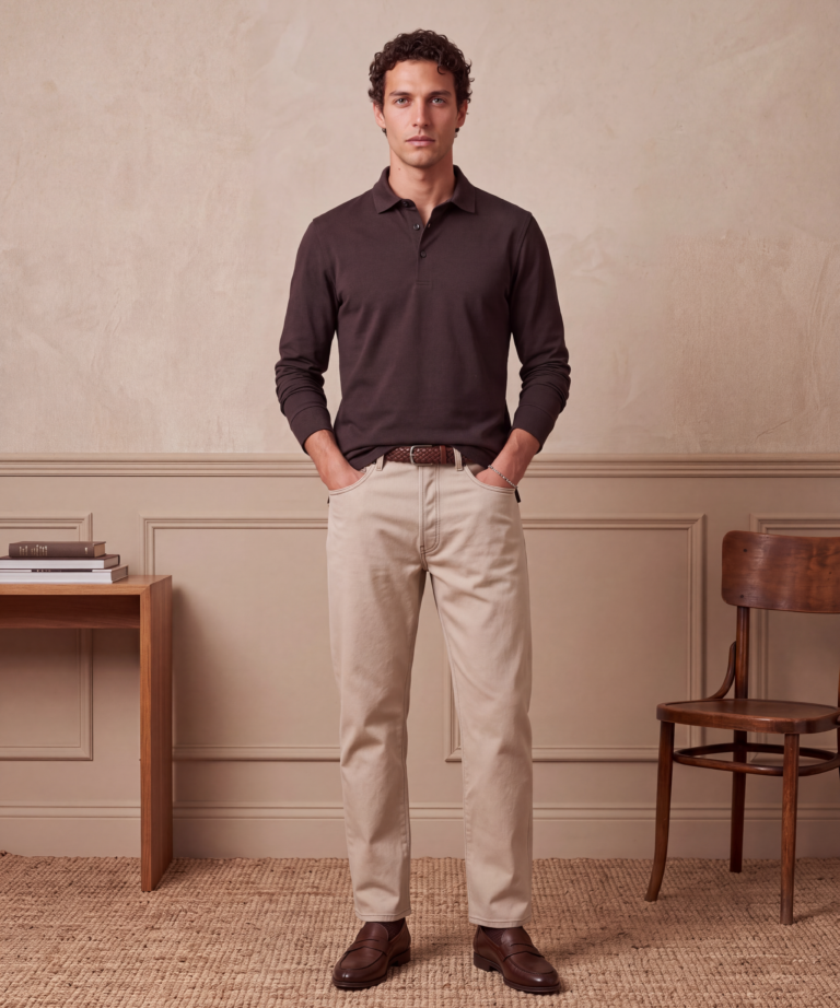 Alternative view of POLO CON COLLO ALLA FRANCESE A MANICHE LUNGHE IN TESSUTO TECNICO BROWN