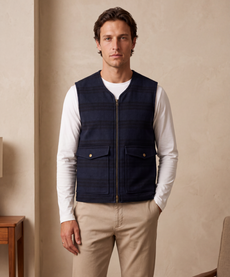 Alternative view of SMANICATO IMBOTTITO IN FLANELLA A QUADRI NAVY BLUE